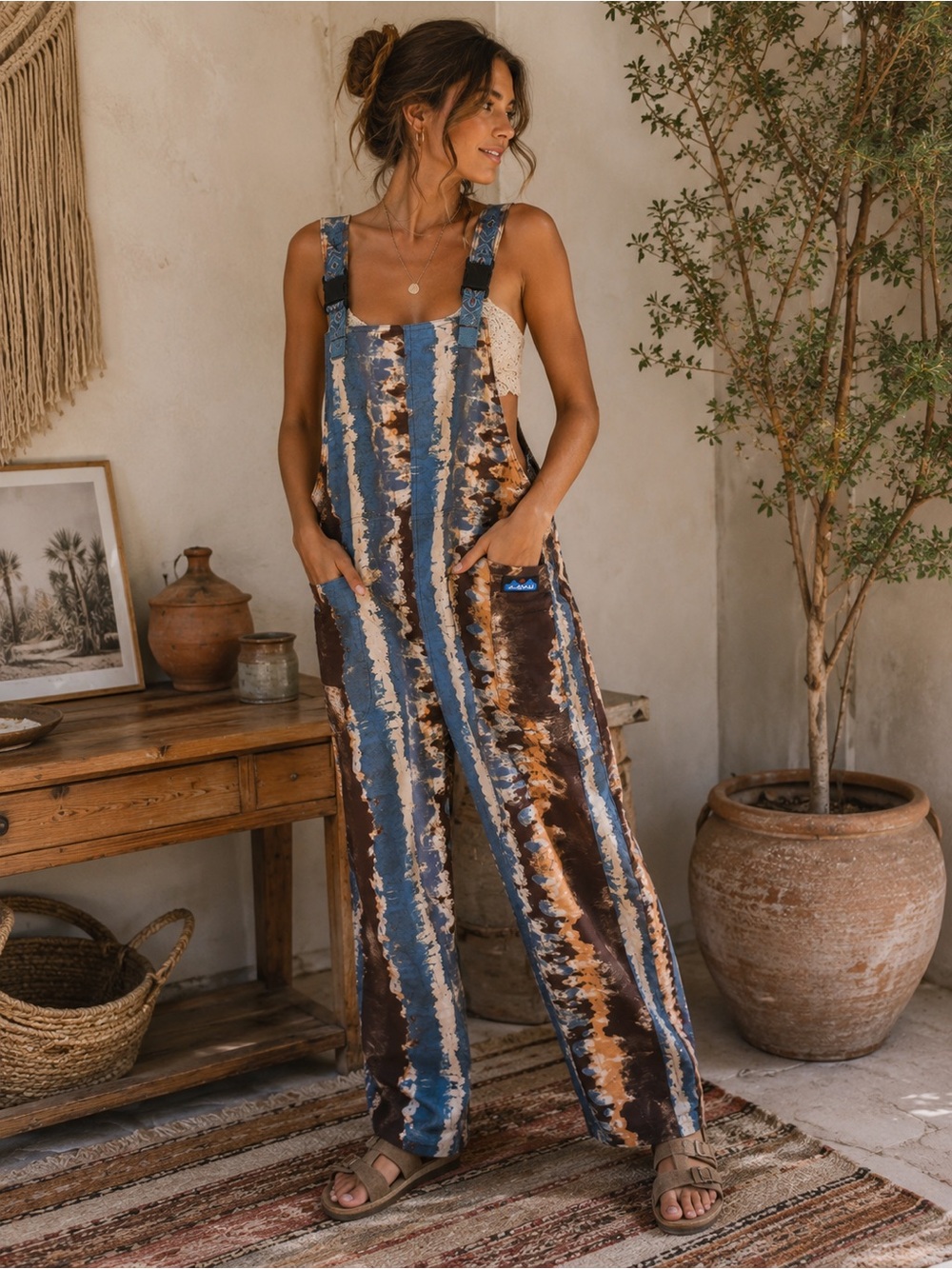 KAVU San Blas Overalls Blue Brown Abstract Print Boho Festival S